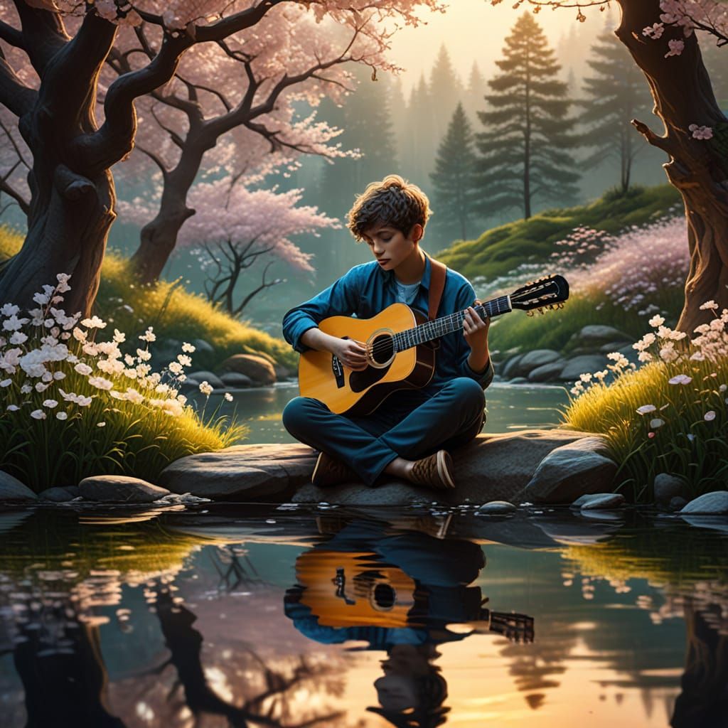 Dreamlike Boy Playing Guitar in Magical Landscape