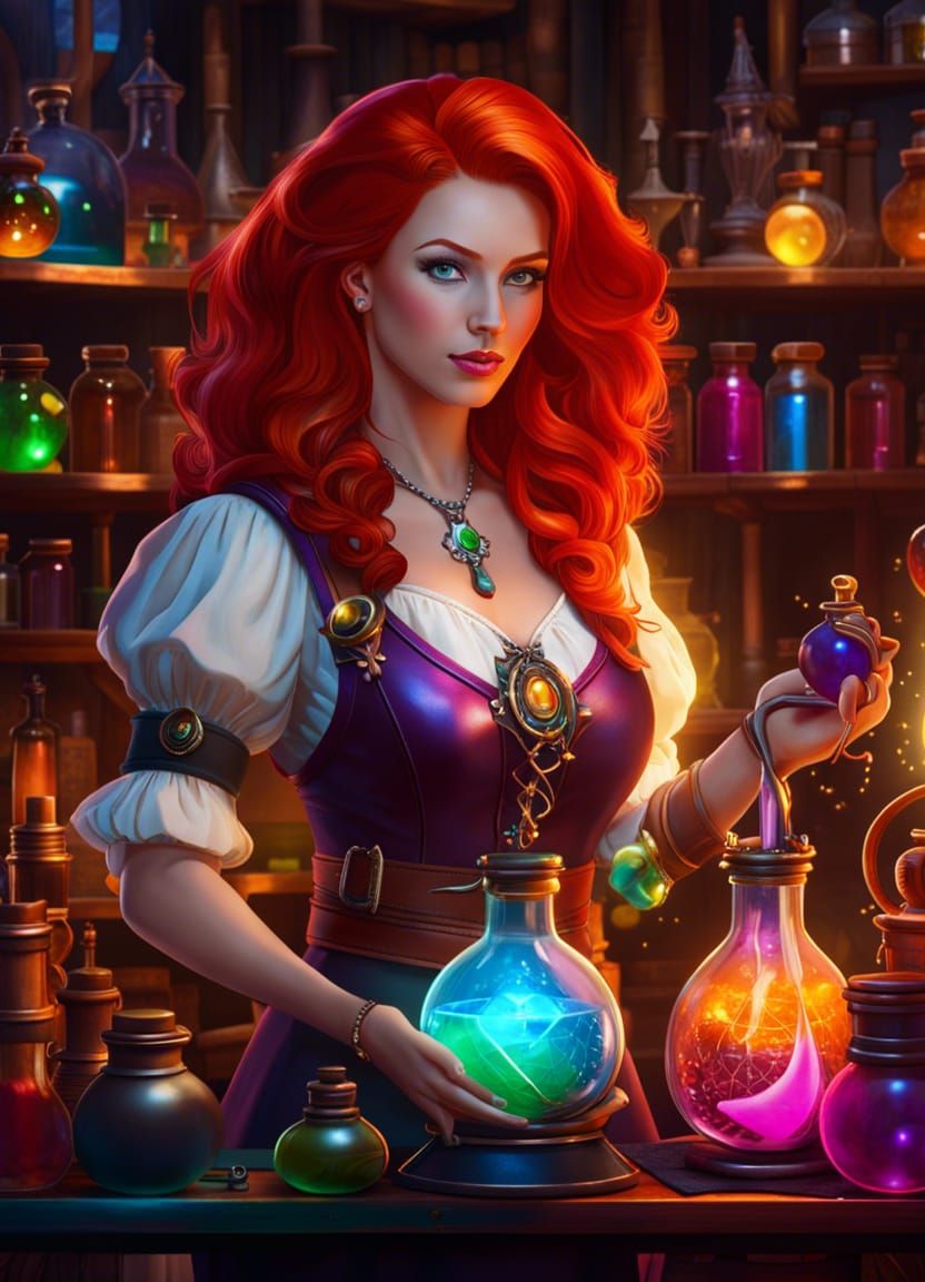Redhead Alchemist Portrait in Mystical Laboratory