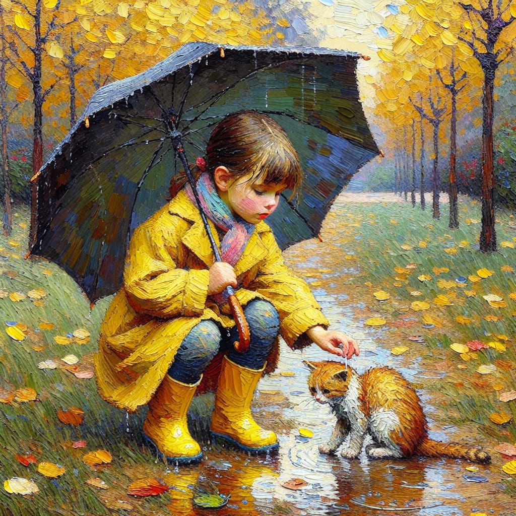 Impressionistic Girl Shields Cat in Autumn Park