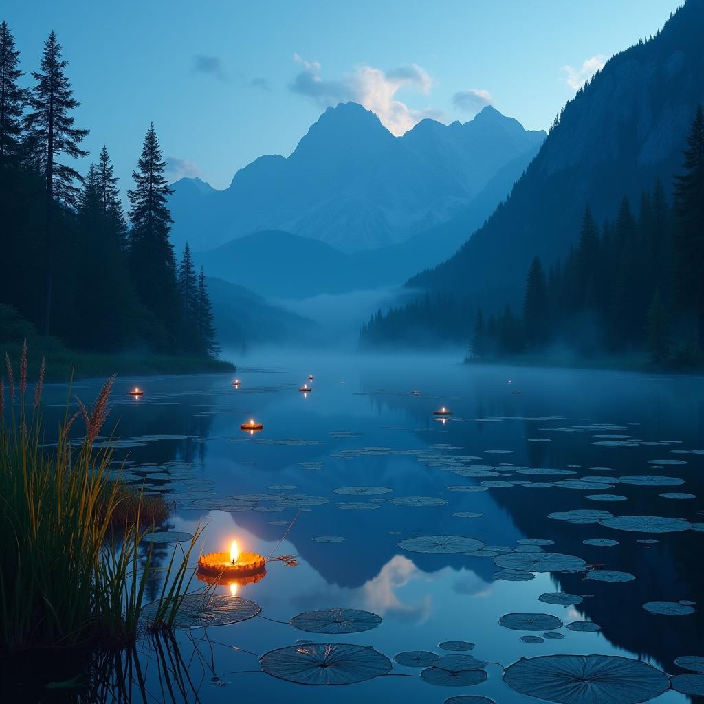 Tranquil Lake at Dusk with Floating Candles