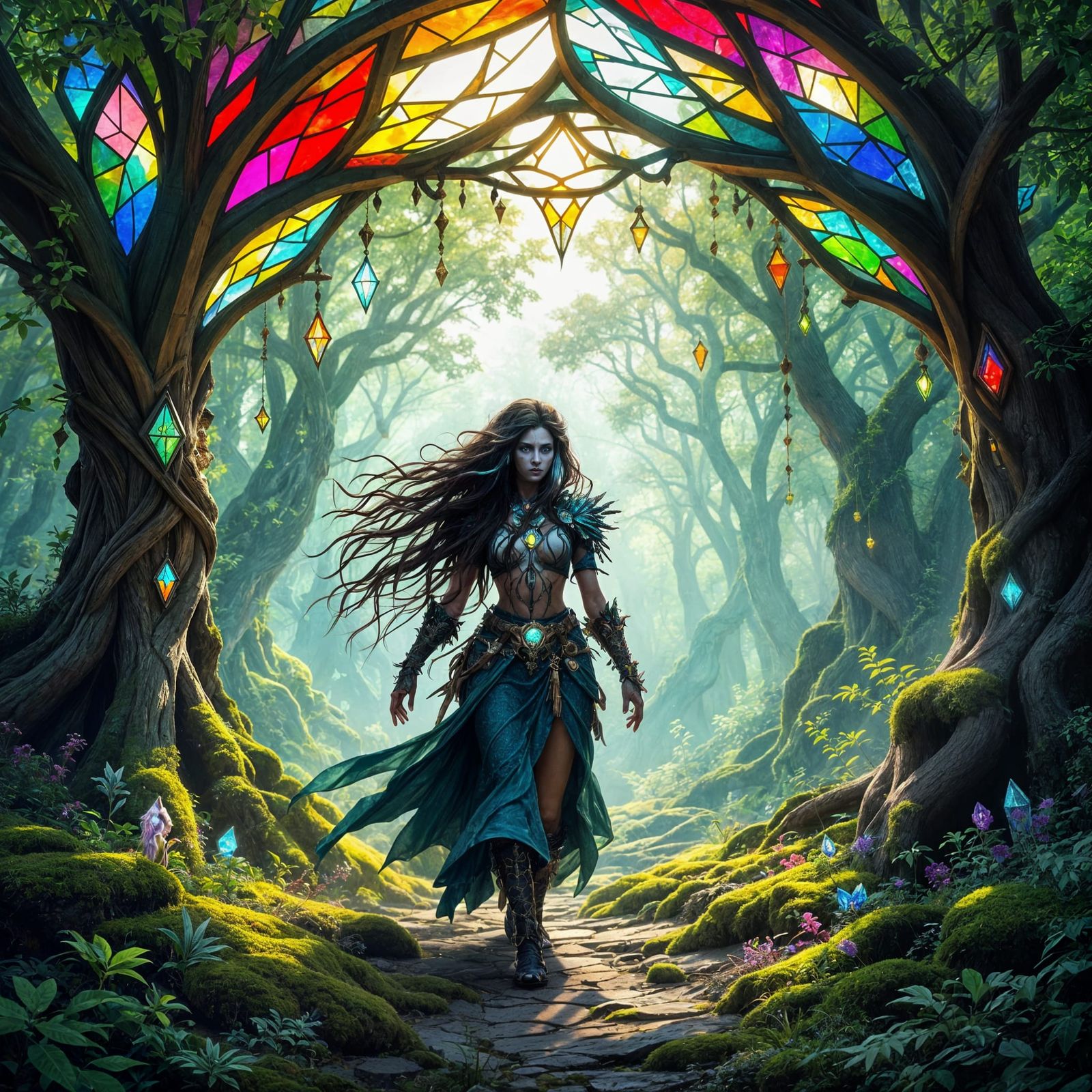 Crystalline Wild Woman in Enchanted Stained Glass Forest