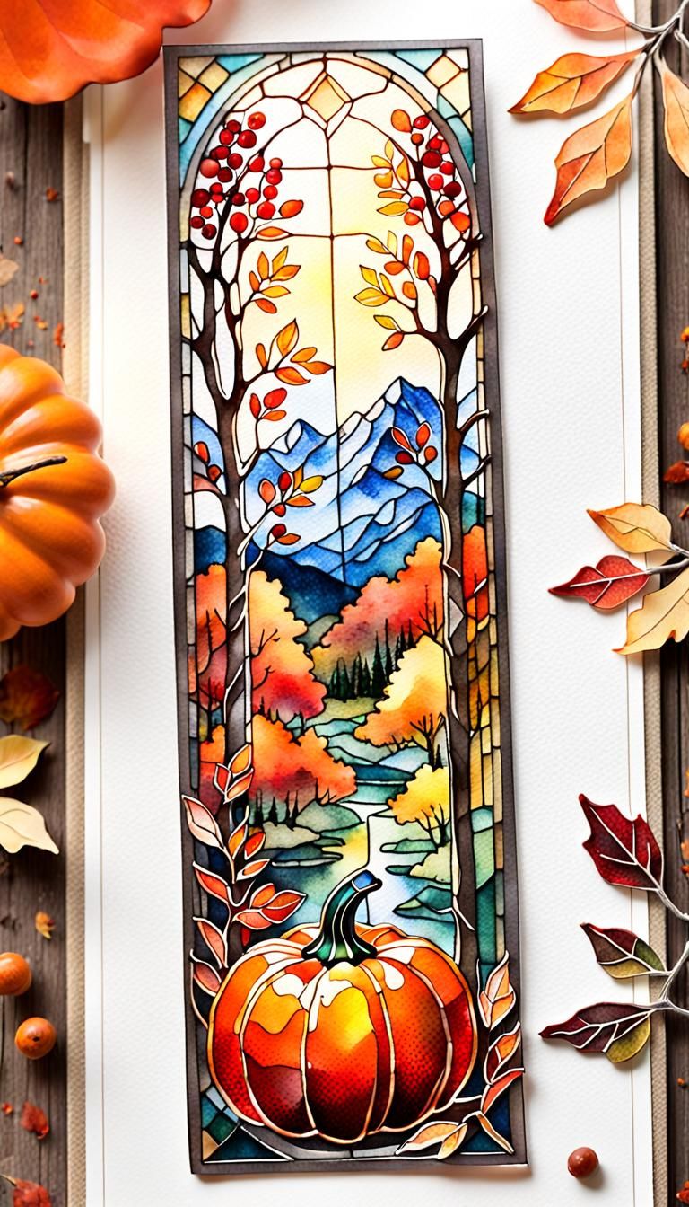 Autumn Stained Glass Bookmark in Watercolor Style