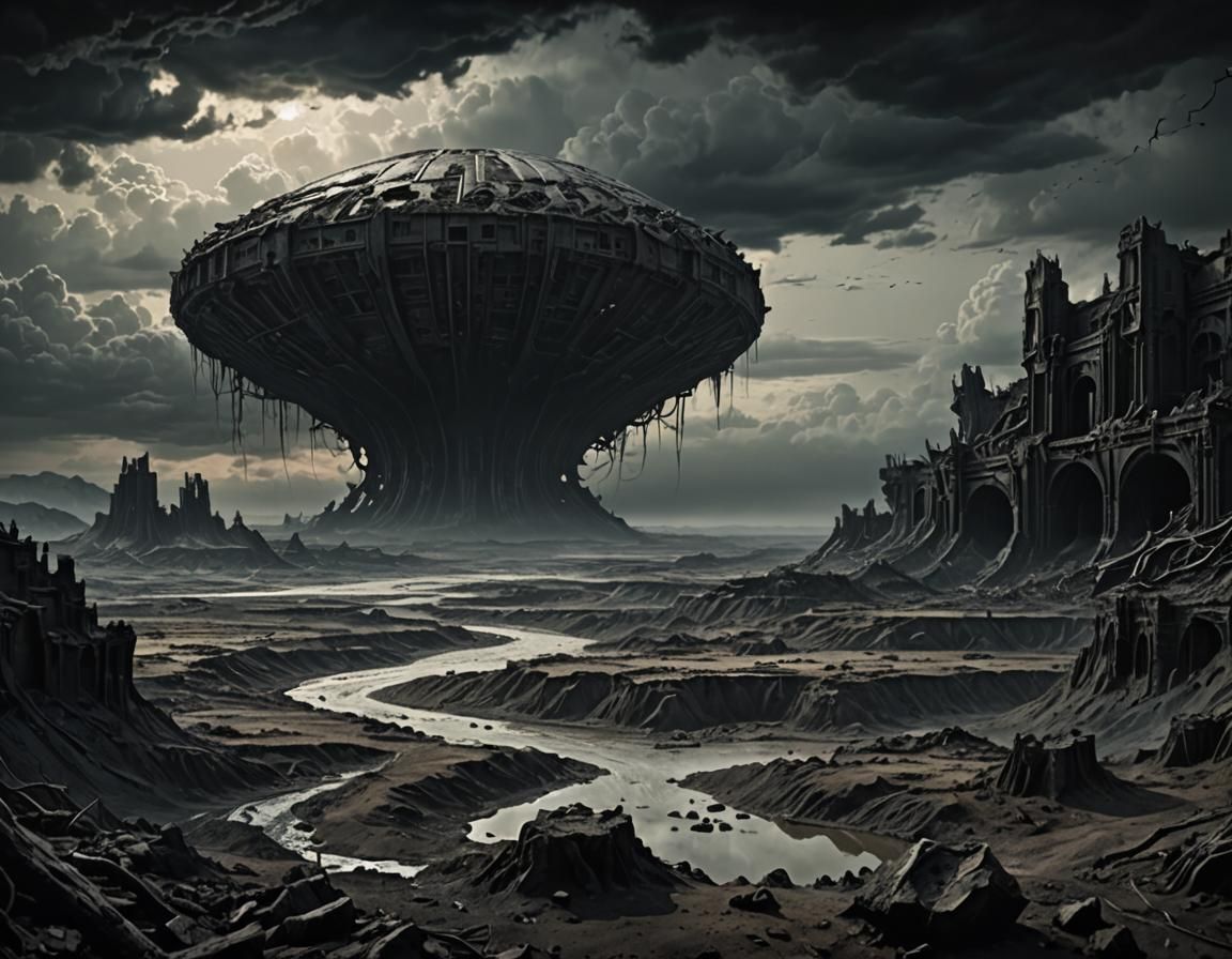 Eerie Japanese Wasteland: A Dark Fantasy Landscape