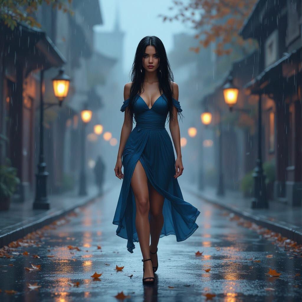 Woman's Solitary Walk in Rainy Autumn City