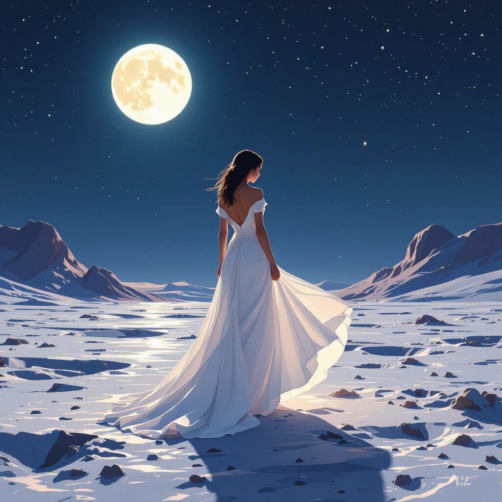 Woman in White Dress on Lunar Landscape Under Moonlight