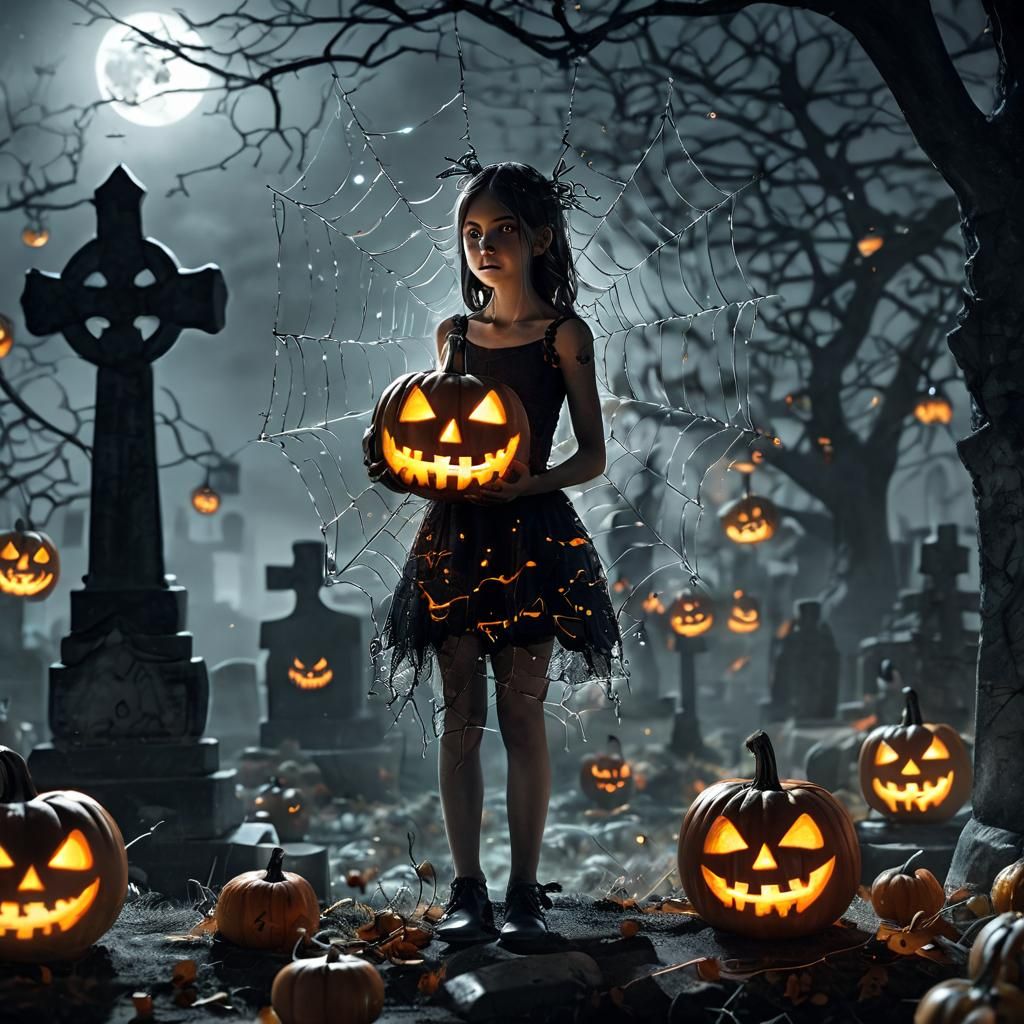 Glass Fairy with Pumpkin Head in Graveyard