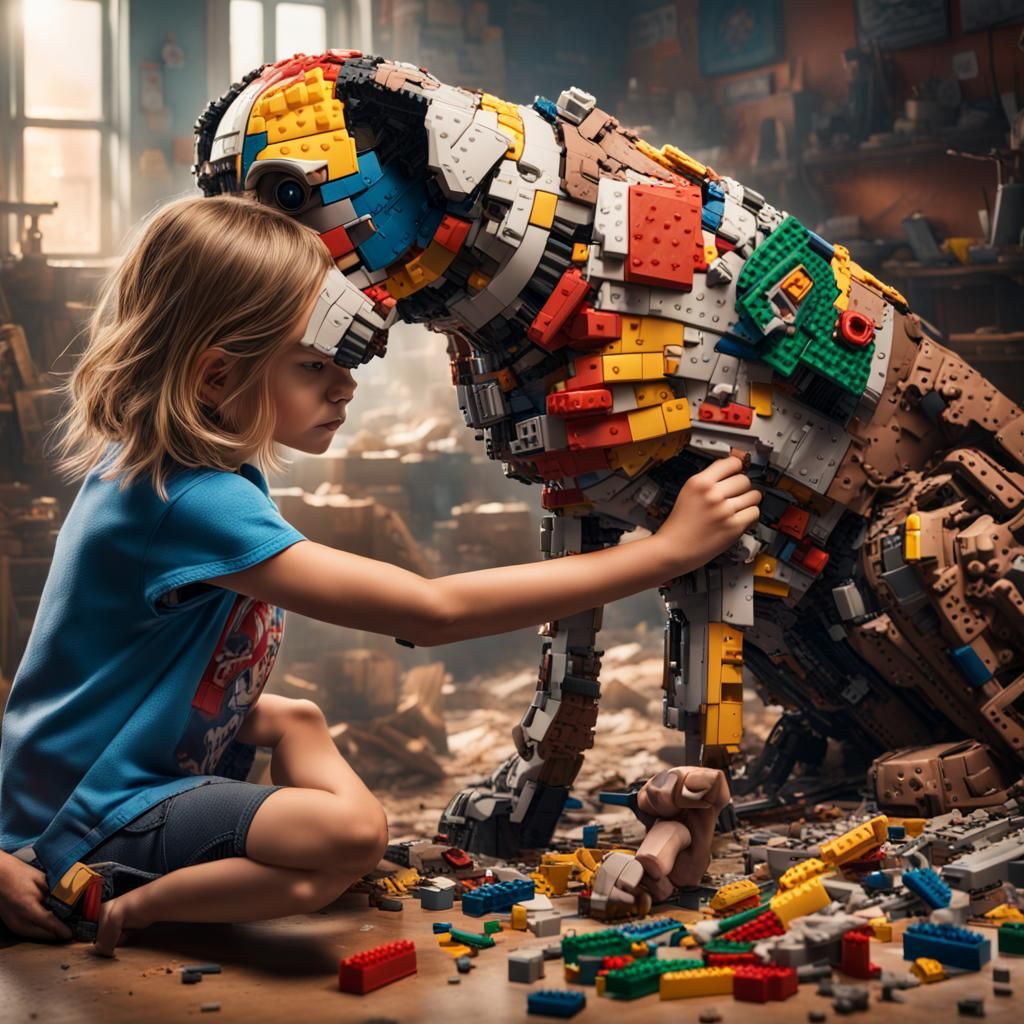 Girl Rebuilding Dog with Legos After Apocalypse