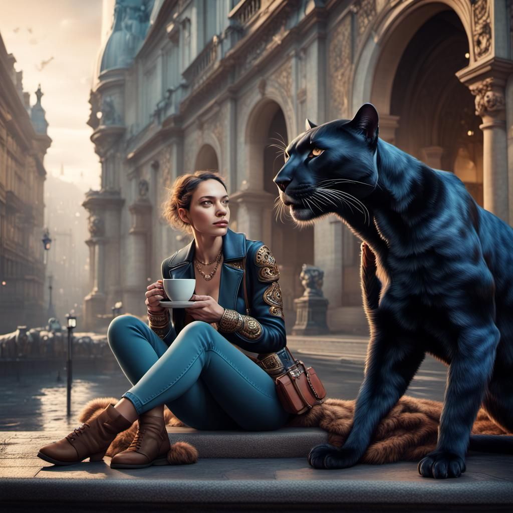 Woman and Panther in Budapest: Fantasy Concept Art