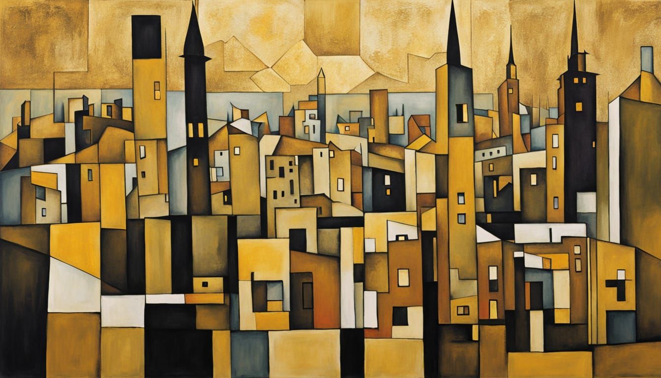 Cubist Metropolis Skyline in Golden Elegance
