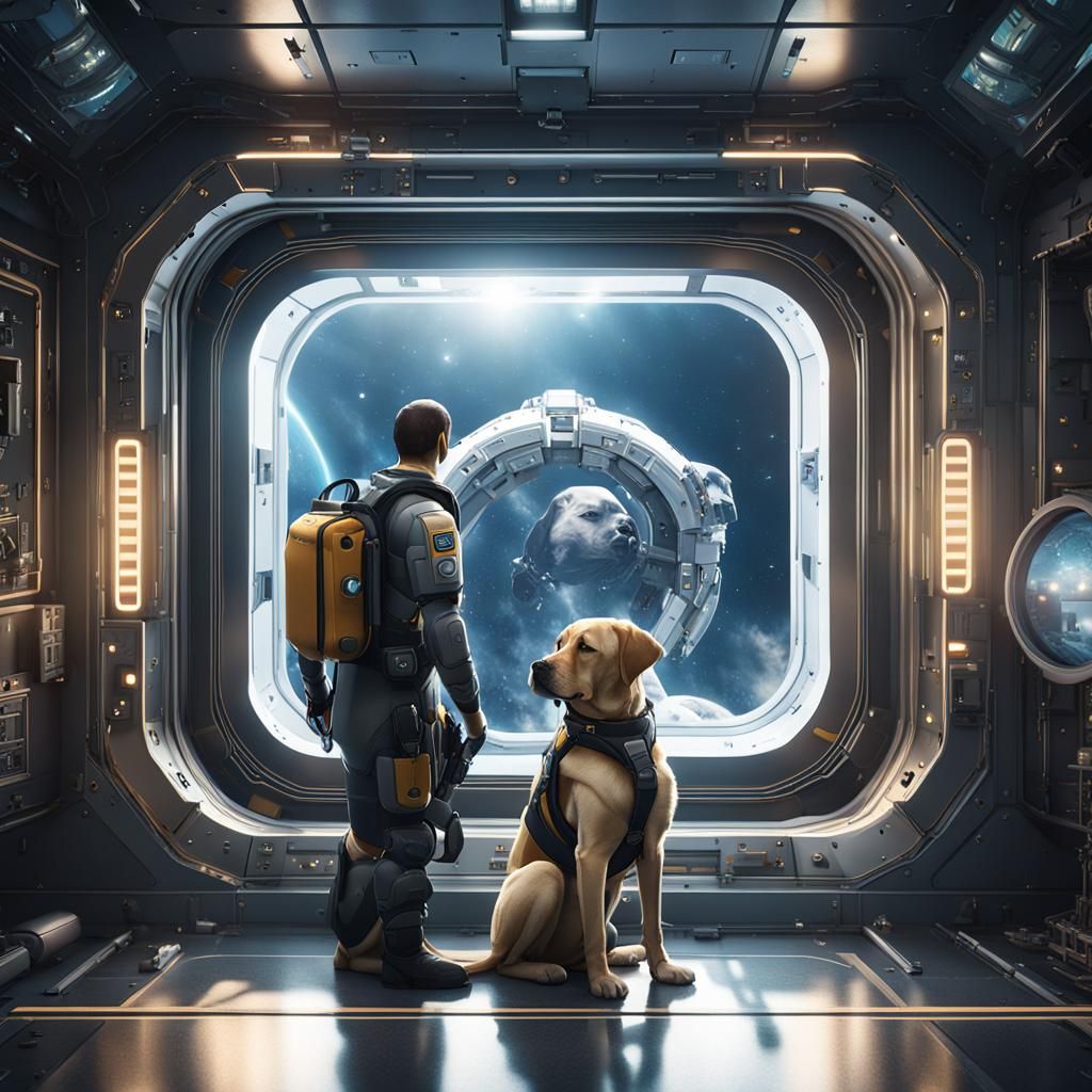Guide Dog in Space Elevator: Sci-Fi Scene