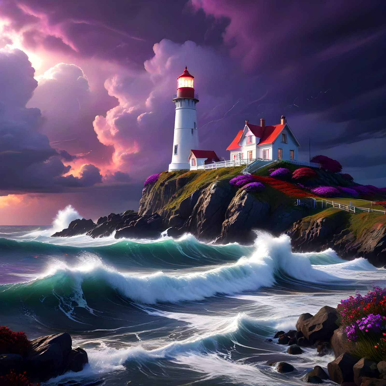 Surreal Stormy Seascape with White Lighthouse on Rocky Islan...