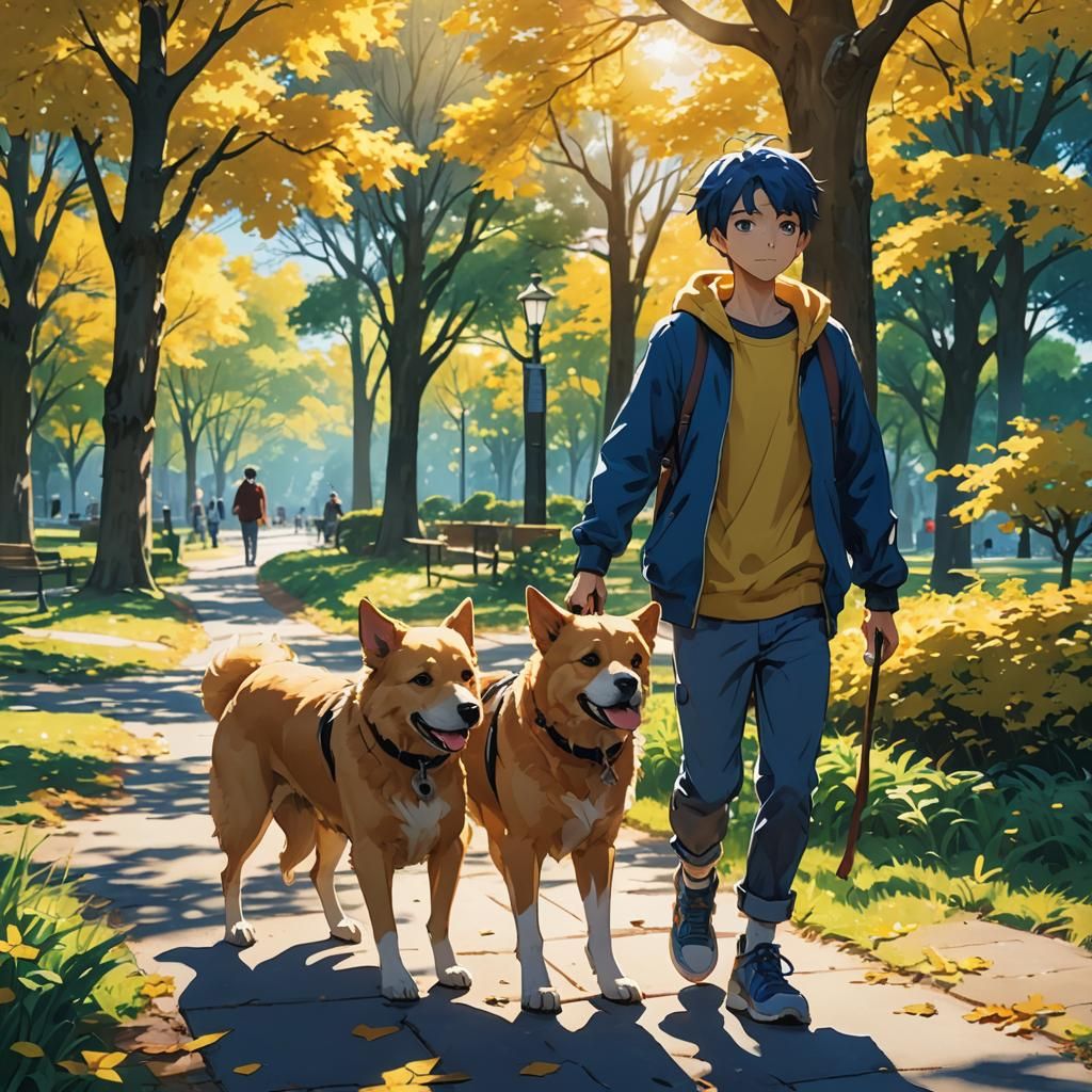 Boy and Dog in Sunny Park: Cel-Shaded Anime Style