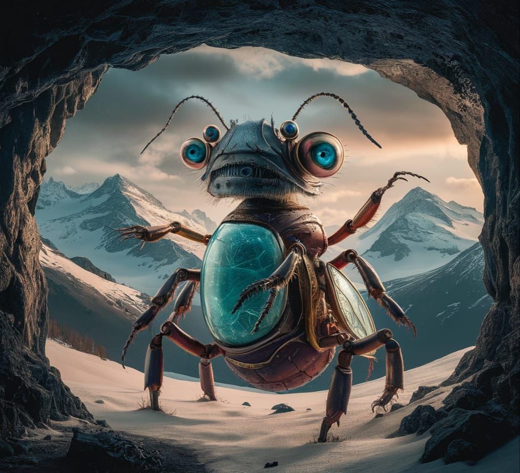 Hyperrealistic Robot with Insect Features in Snowy Landscape