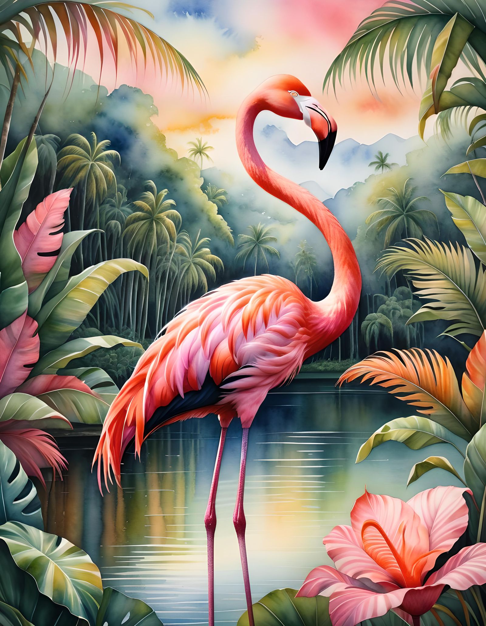 Graceful Pink Flamingo at Caribbean Lakeside