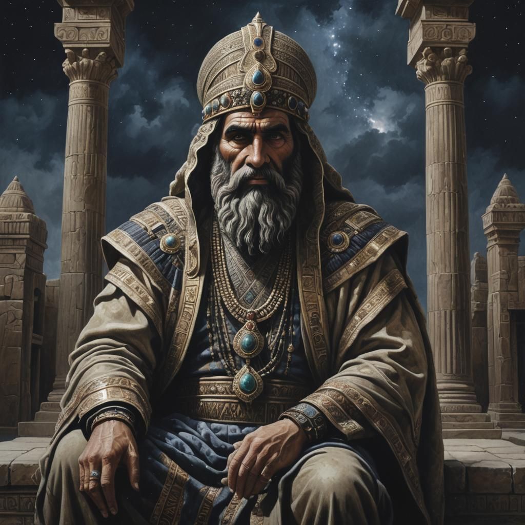Brooding Assyrian Giant in Jeweled Robes