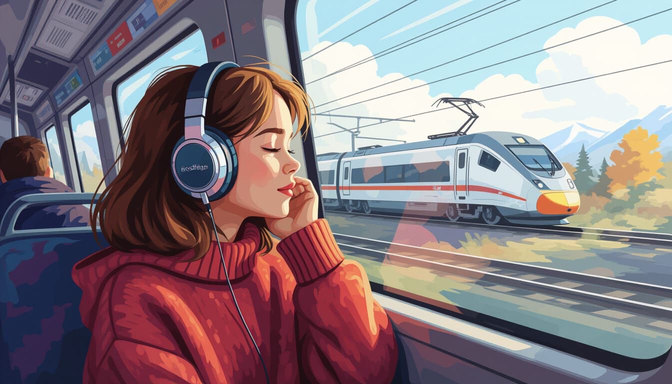 Girl on Train Listening to Music, Dreamy Illustration