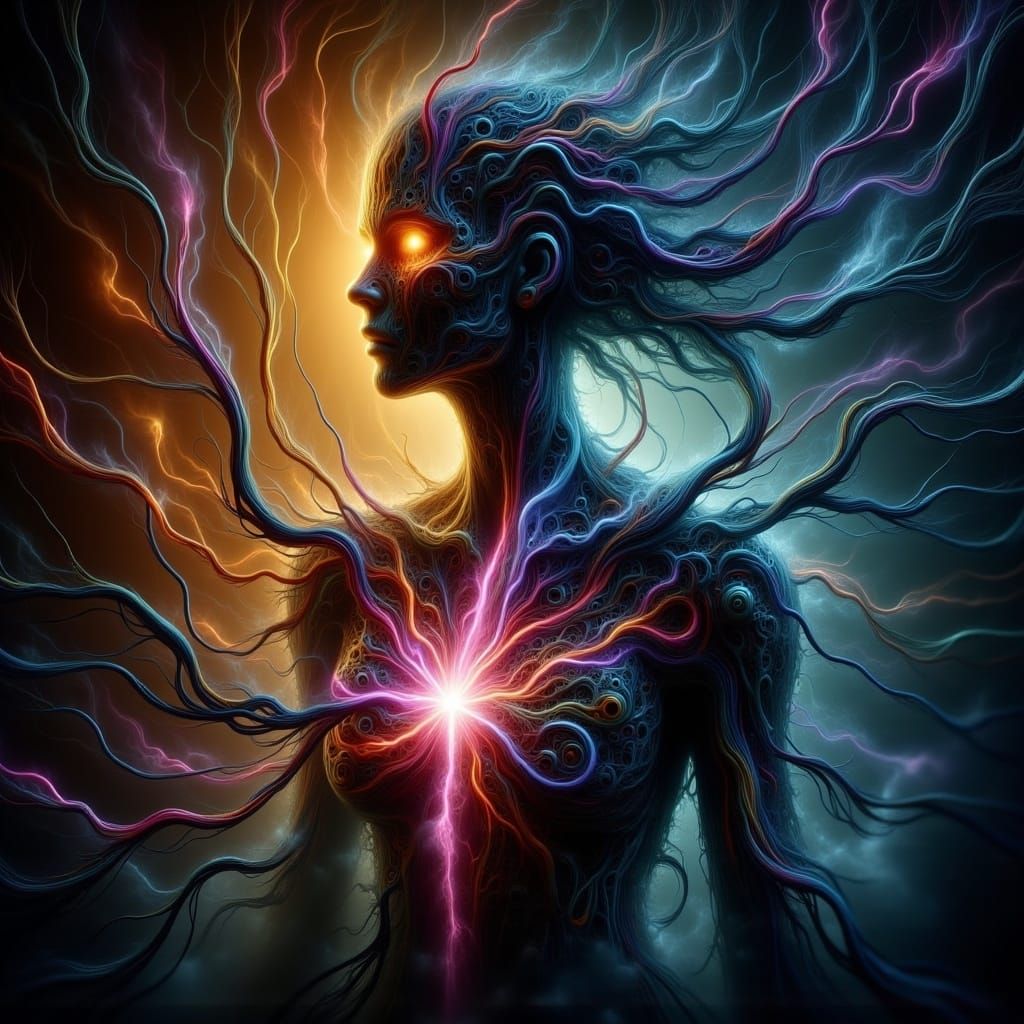 Surreal Goddess in Chiaroscuro with Swirling Shadows and Rad...