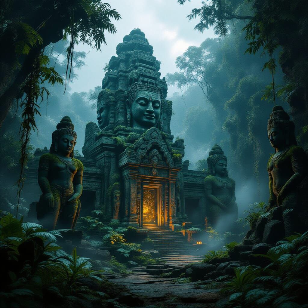 Alien Jungle Temple Illuminated by Bioluminescent Flora