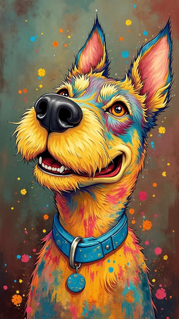 A funny dog in the style of Carne griffiths, vibrant watercolor and acrylic paint
