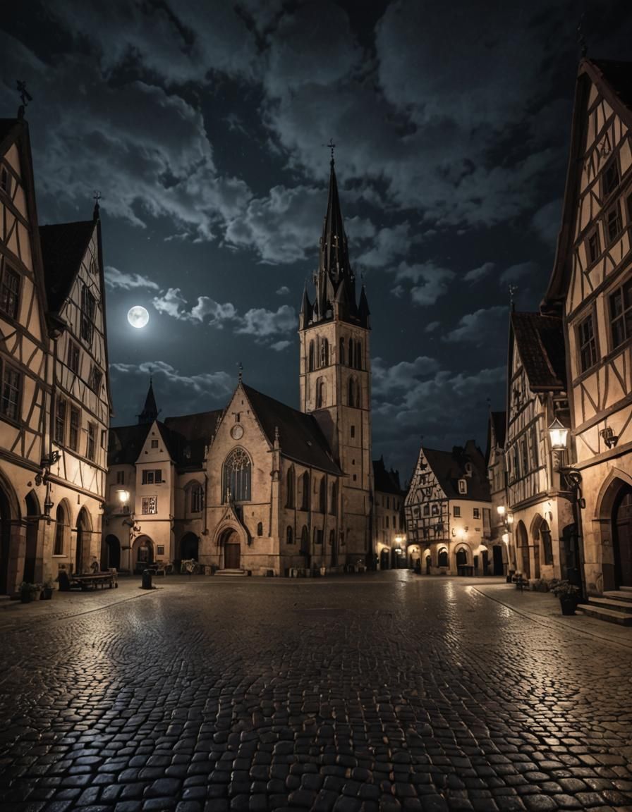 Mystical Medieval Town Square at Night