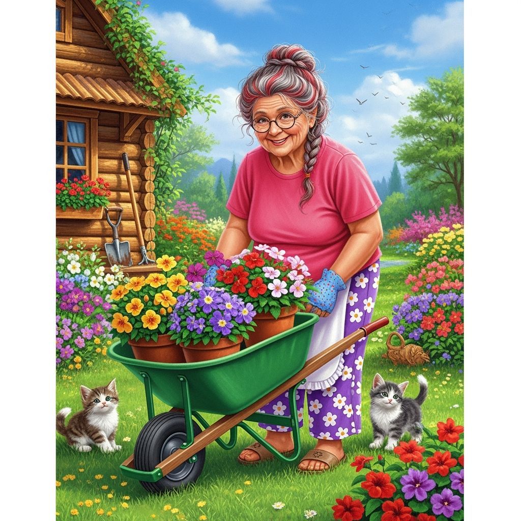 Granny Gardening in Kinkade-esque Cozy Style