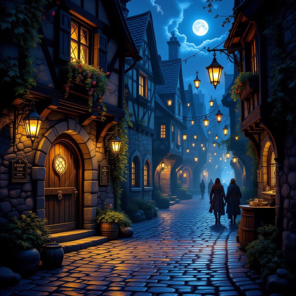 Enchanted Alleyway to Glowing Tavern in Moonlight