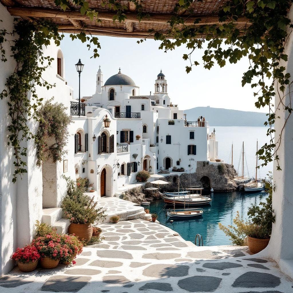 Santorini Harbor Scene in Classical English Style