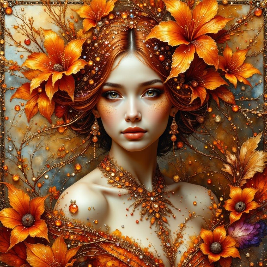 Glamorous Digital Painting of Enchanting Woman with Orange L...