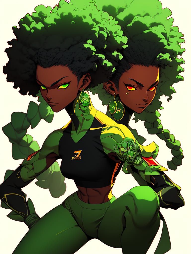 Afro-Futuristic Woman in Anime Style, Digital Illustration