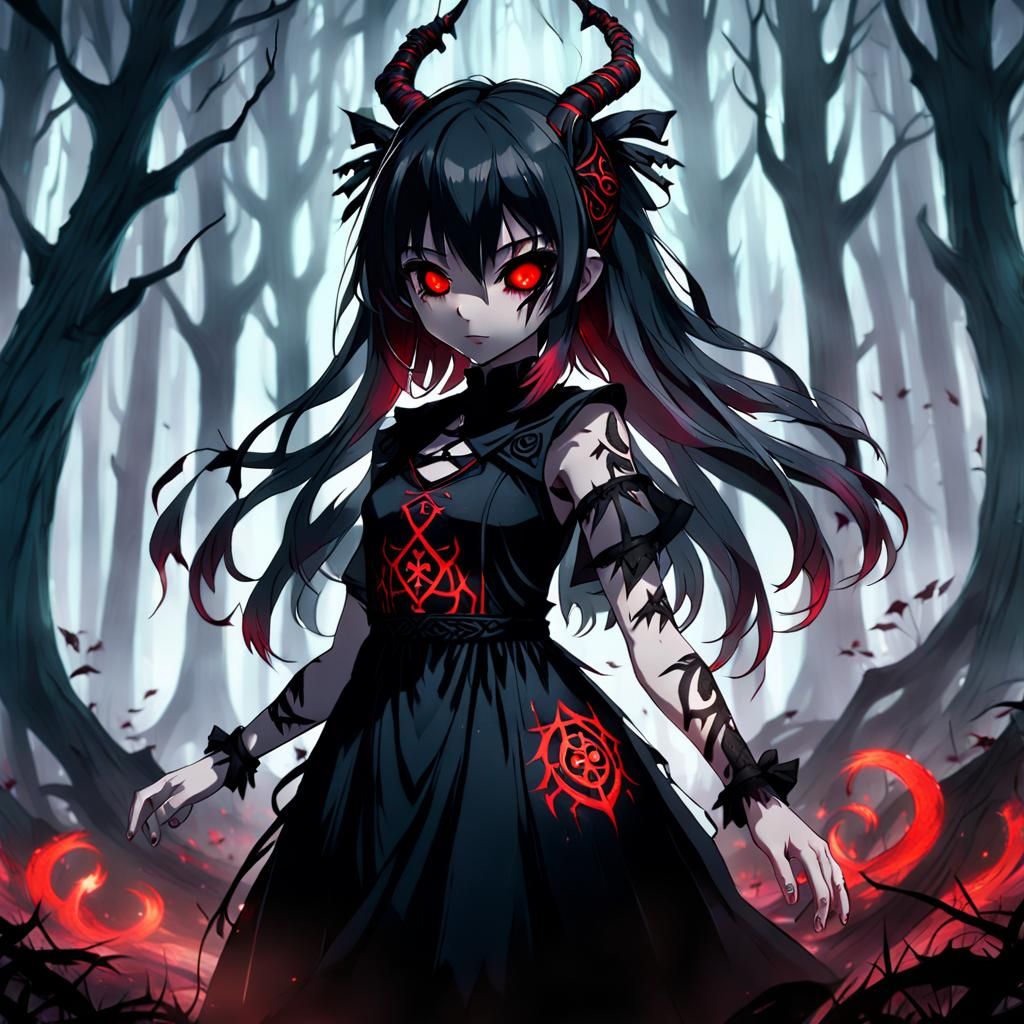 A cute realistic anime girl with evil expression and dark aura