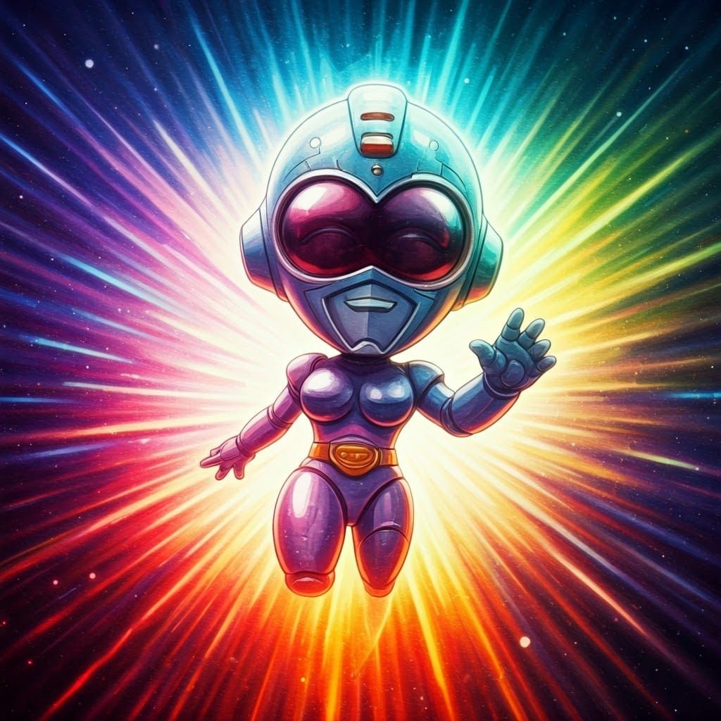 Vibrant Retrofuturistic Robot in Cosmic Nebula