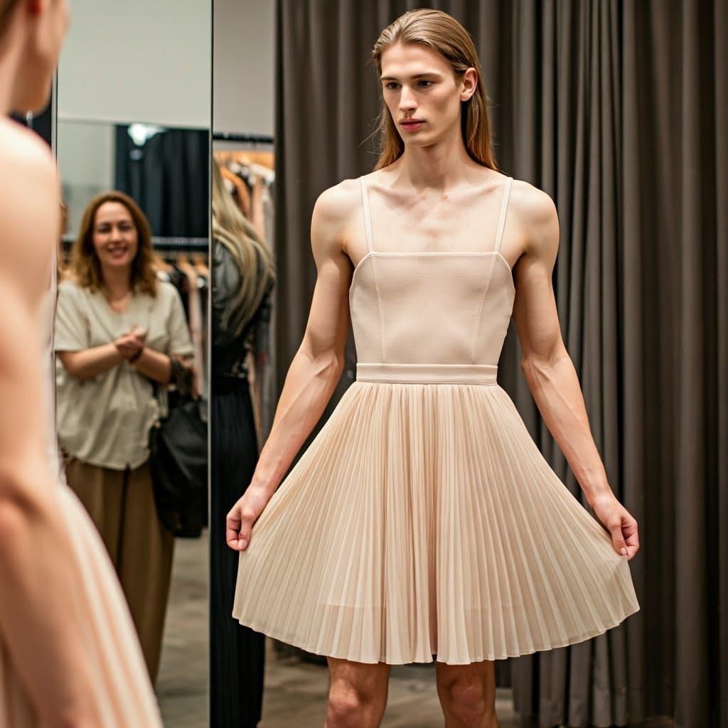 Feminine Youth in Elegant Summer Dress, Crossdressing in Int...
