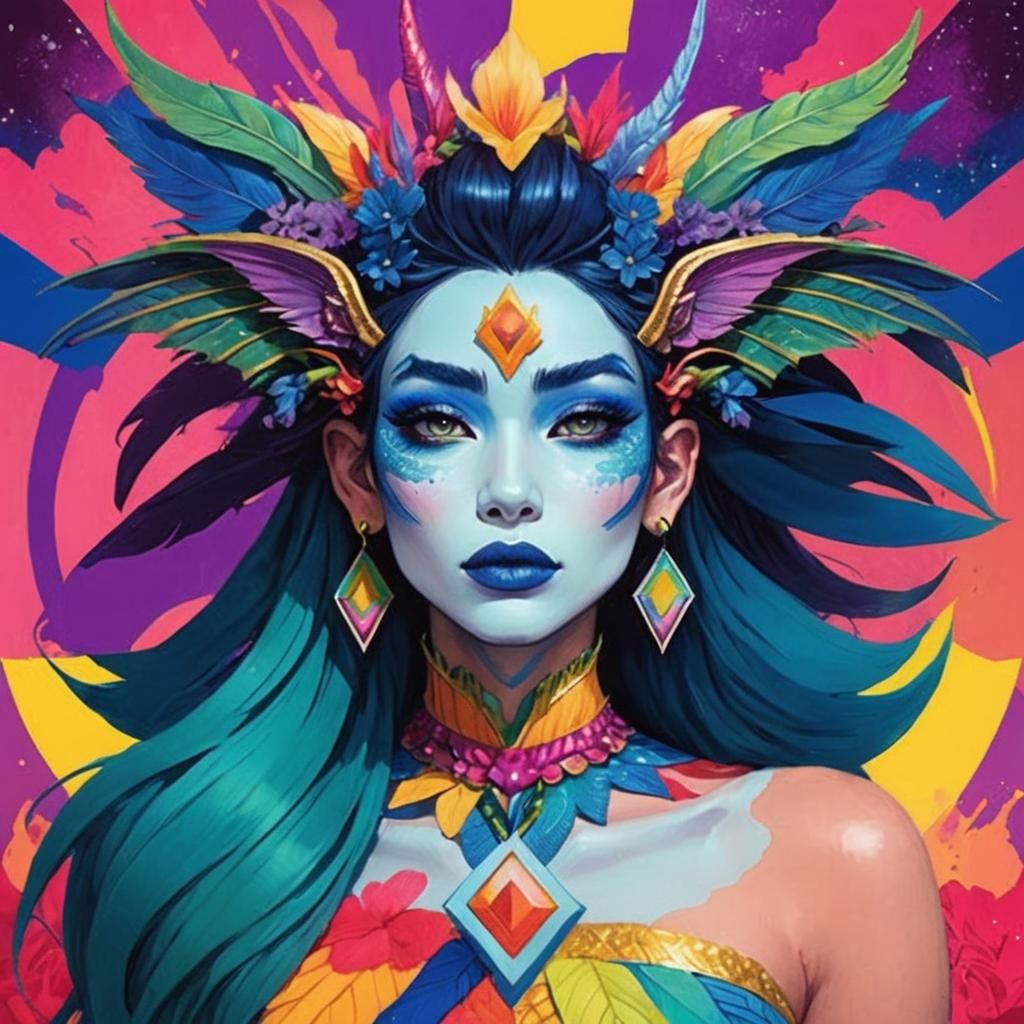 Rainbow Dragon Woman with Flower Crown, Comic Art