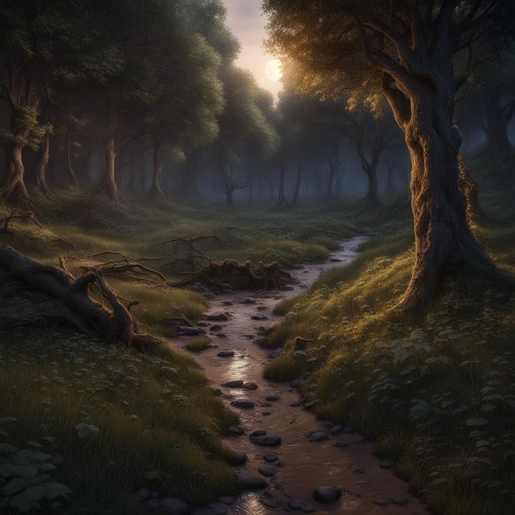 Twilight Forest Stream in Detailed Matte Painting