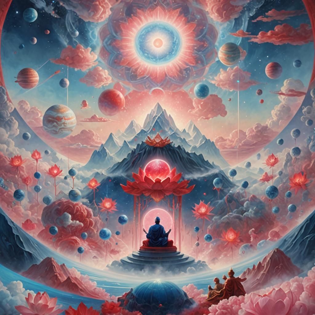 Surrealist Scene with Lotus and Orbiting Planets