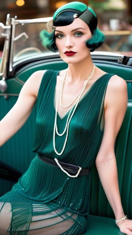 1930s Flapper in Emerald Dress at Cafe