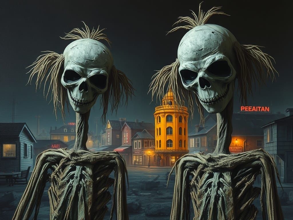 Cyberpunk Scarecrows in Desolate Town Oil Painting