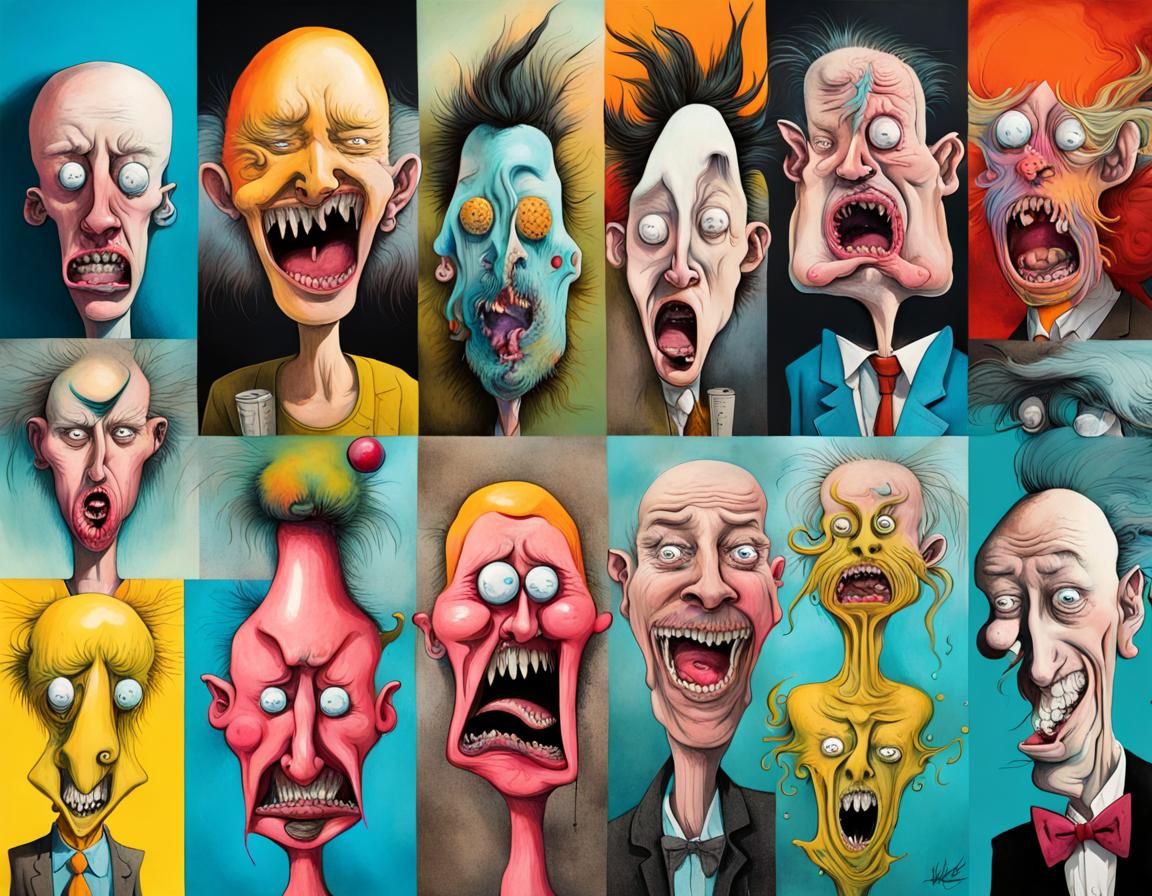 Neo-Surrealist Collage of Grotesque Faces in Alcohol Ink