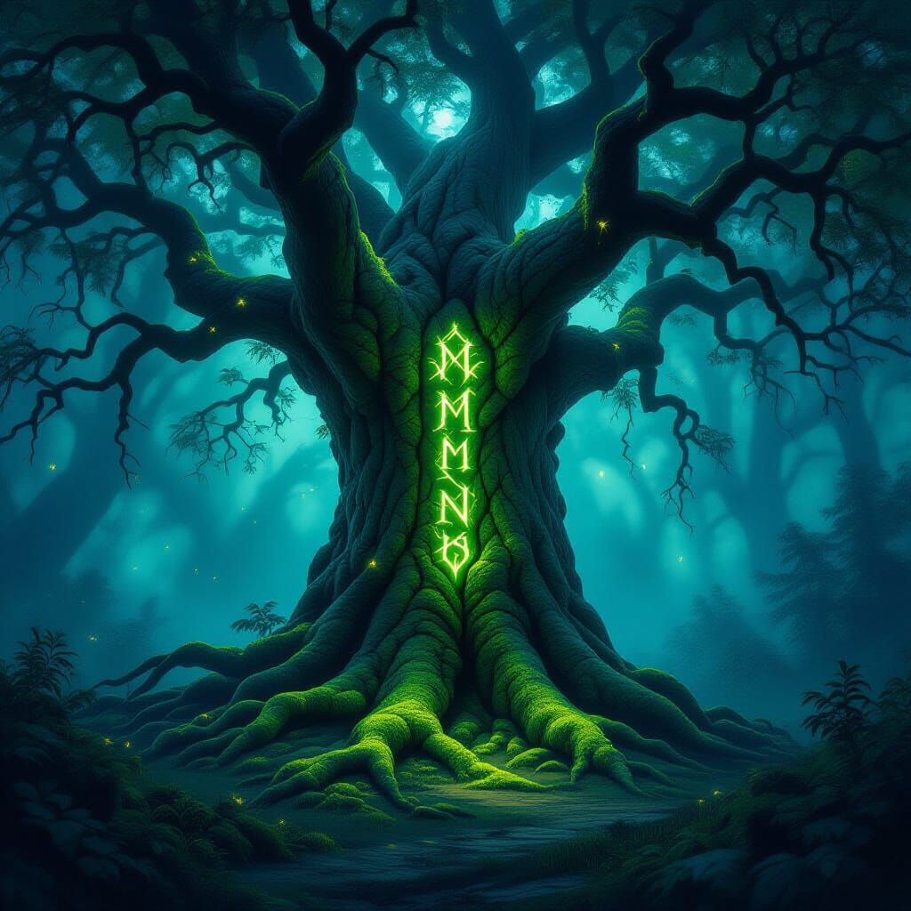 Ancient Tree With Glowing Runes in Mystical Forest
