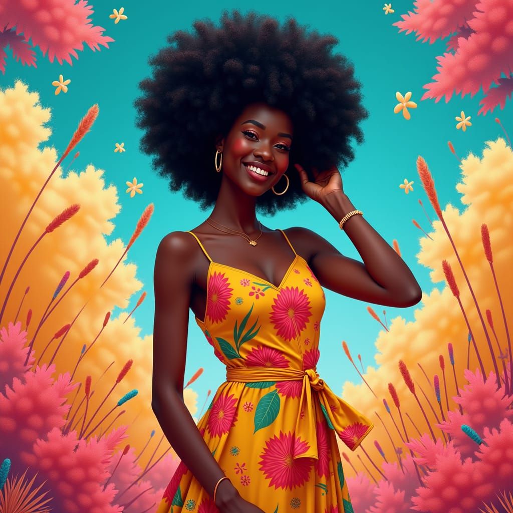 Elegant Afro Woman in Surreal Afrofuturist Landscape