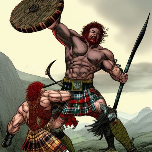 Celtic Barbarian vs Horned Devil in Comic Book Style