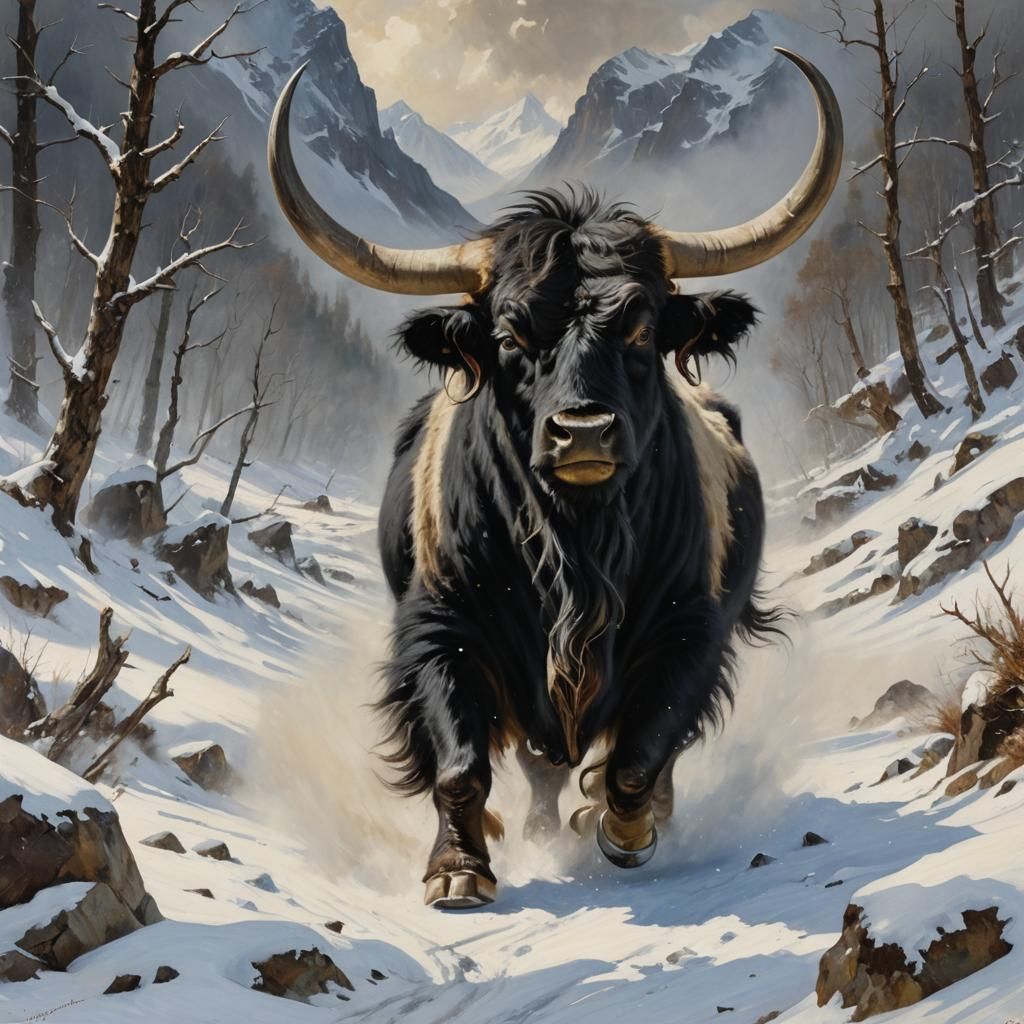 Wild Tibetan Yak Charges: An Oil Painting