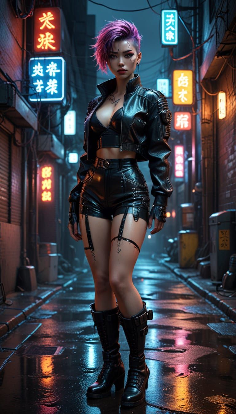 Cyberpunk Cyborg in Neon Alley - Hyperrealistic Digital Art