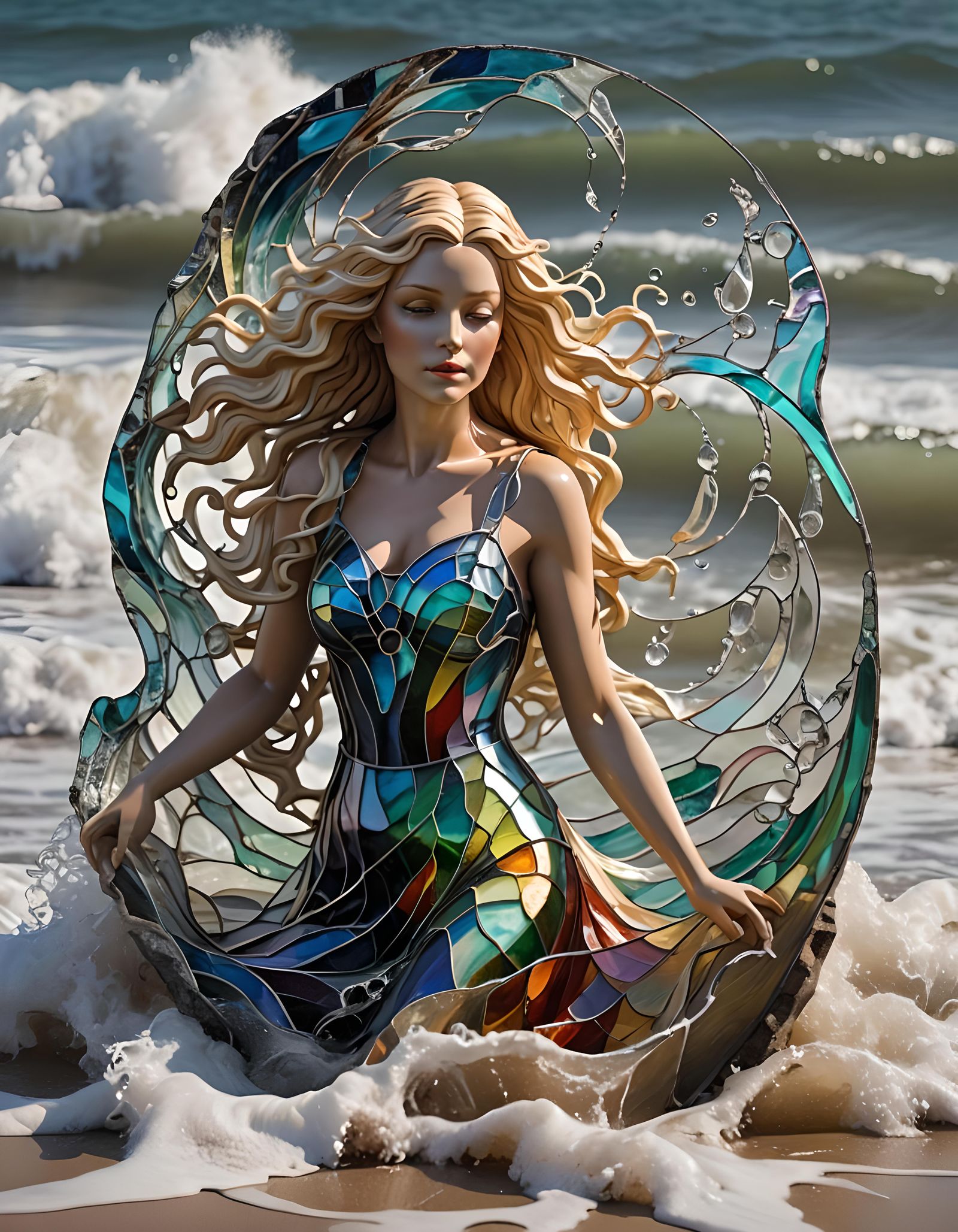 Luminous Stained Glass Lady on Stormy Beach