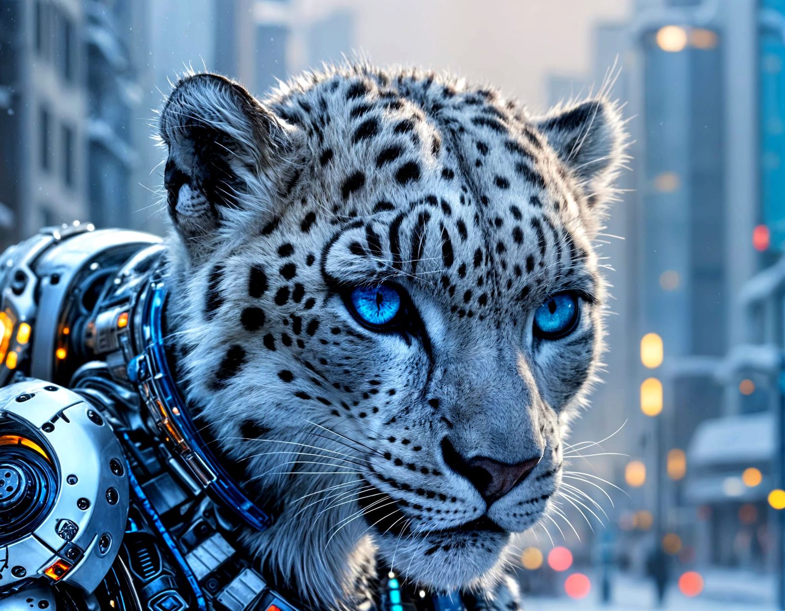 Photorealistic Snow Leopard Cyborg in Snowy City