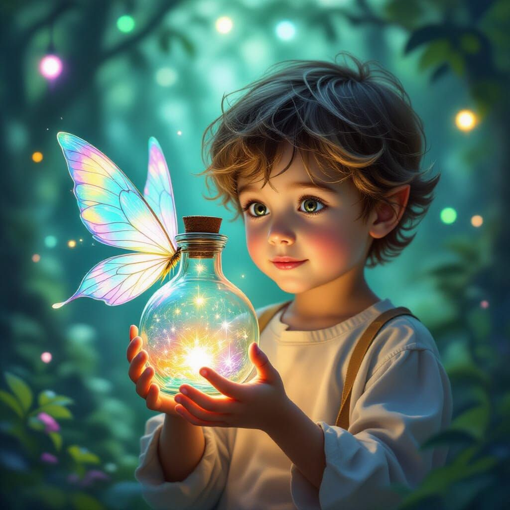 Boy Holds Fairy Bottle in Enchanted Forest