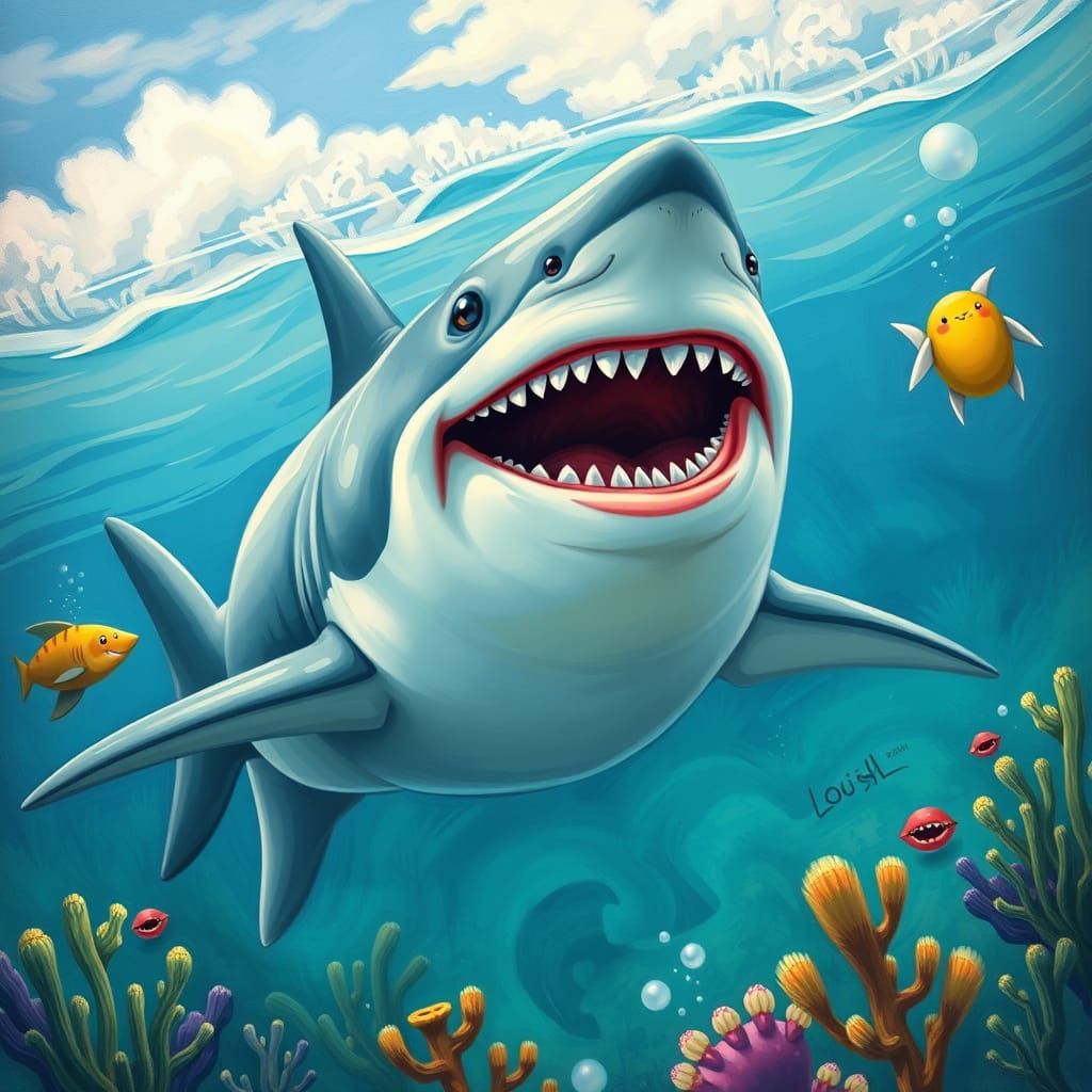 Vibrant Ocean Scene with Laughing Great White Shark in Playf...