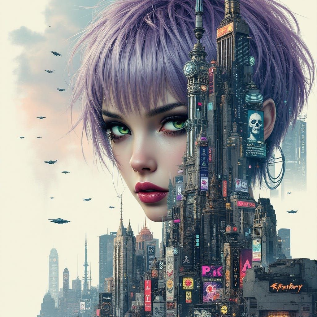 Gothic Fairy Face Merged with Cyberpunk Cityscape