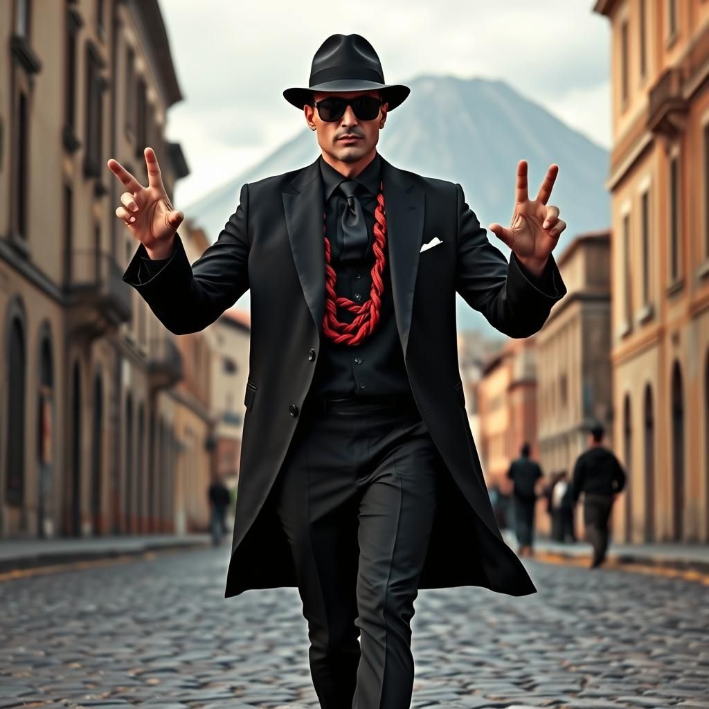 Suave Italian Man in Black with Vesuvius