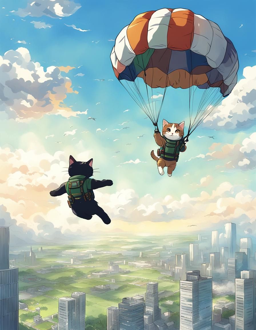 Cat Parachute Jump in Anime Style